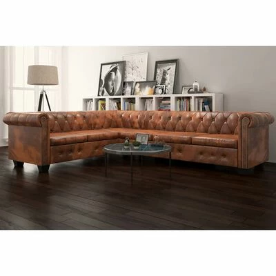 VidaXL Canapé d'angle Chesterfield 6 Places Cuir artificiel Marron 2 VidaXL Canapé d'angle Chesterfield 6 Places Cuir artificiel Marron – Image 2