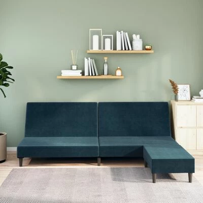 VidaXL Canapé-lit à 2 places avec repose-pied Bleu Velours 2 VidaXL Canapé-lit à 2 places avec repose-pied Bleu Velours – Image 2