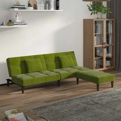 VidaXL Canapé-lit 2 places et deux oreillers et repose-pied Vert clair 2 VidaXL Canapé-lit 2 places et deux oreillers et repose-pied Vert clair – Image 2
