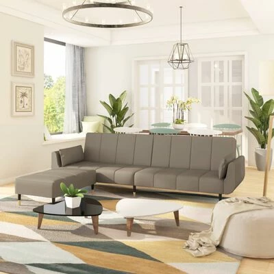 VidaXL Canapé-lit 2 places tabouret deux oreillers Gris clair Velours 2 VidaXL Canapé-lit 2 places tabouret deux oreillers Gris clair Velours – Image 2