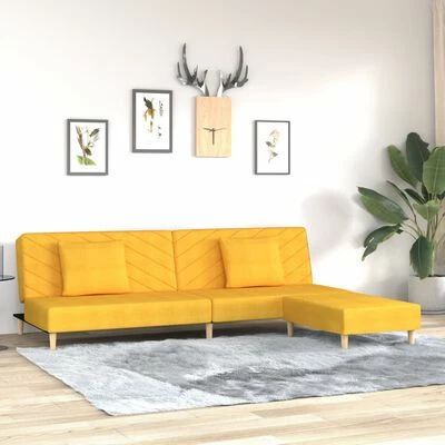 VidaXL Canapé-lit 2 places deux oreillers et repose-pied Jaune Tissu 2 VidaXL Canapé-lit 2 places deux oreillers et repose-pied Jaune Tissu – Image 2