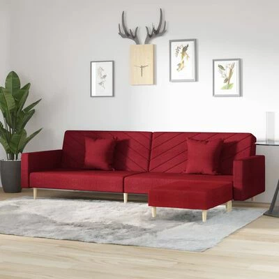 VidaXL Canapé-lit 2 places deux oreillers repose-pied Bordeaux Tissu 2 VidaXL Canapé-lit 2 places deux oreillers repose-pied Bordeaux Tissu – Image 2