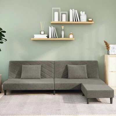 VidaXL Canapé-lit 2 places 2 oreillers repose-pied Gris clair Velours 2 VidaXL Canapé-lit 2 places 2 oreillers repose-pied Gris clair Velours – Image 2