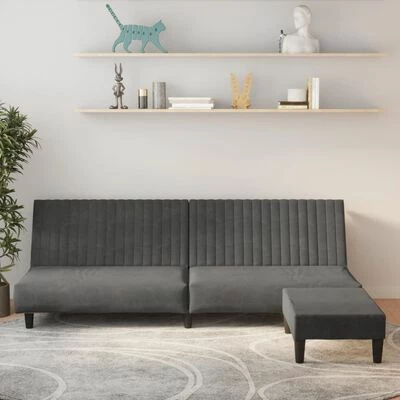 VidaXL Canapé-lit à 2 places avec repose-pied Gris foncé Velours 2 VidaXL Canapé-lit à 2 places avec repose-pied Gris foncé Velours – Image 2