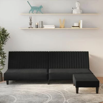 VidaXL Canapé-lit à 2 places avec repose-pied Noir Velours 2 VidaXL Canapé-lit à 2 places avec repose-pied Noir Velours – Image 2