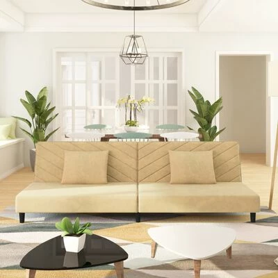 VidaXL Canapé-lit à 2 places avec deux oreillers Crème Velours 2 VidaXL Canapé-lit à 2 places avec deux oreillers Crème Velours – Image 2