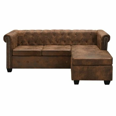 VidaXL Canapé Chesterfield en forme de L Cuir daim synthétique Marron 2 VidaXL Canapé Chesterfield en forme de L Cuir daim synthétique Marron – Image 2