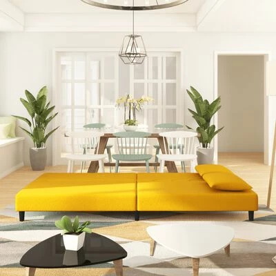 VidaXL Canapé-lit à 2 places avec deux oreillers Jaune Velours 3 VidaXL Canapé-lit à 2 places avec deux oreillers Jaune Velours – Image 3