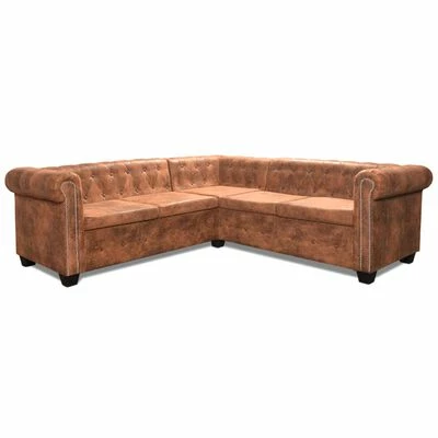 VidaXL Canapé d'angle Chesterfield 5 plcs Cuir artificiel Marron 4 VidaXL Canapé d'angle Chesterfield 5 plcs Cuir artificiel Marron – Image 4