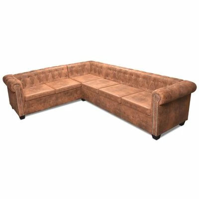 VidaXL Canapé d'angle Chesterfield 6 Places Cuir artificiel Marron 4 VidaXL Canapé d'angle Chesterfield 6 Places Cuir artificiel Marron – Image 4